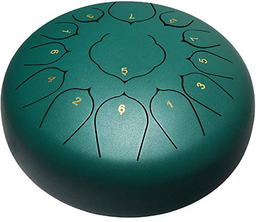 Sonart 13 Notes 12 Inch High Carbon Steel Tongue Drum, Lotus Hand Steel Pan Drum w/Drum Hammer, Drumstick Bracket, Rubber Finger Sleeve and Travel Bag for Camping, Meditation, or Yoga (Green)