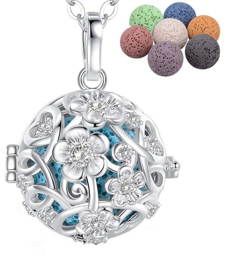 INFUSEU Aromatherapie Kette, KirschblüTen Versilberter AnhäNger Halskette Diffuser AnhäNger Schmuck Aroma Diffuser Kette DuftanhäNger Geschenk Für Frauen