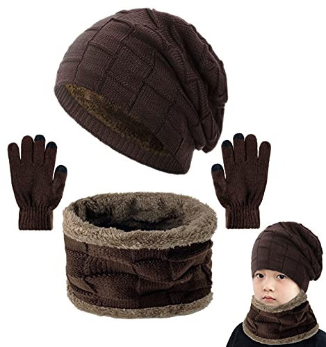 Yutdeng Baby Winter Warm Knit Mütze Hut Schal Handschuhe Set Touchscreen-Handschuhe Strick mit Kreis Loop Schal Fleece Gefüttert für Ski 3-in-1 Mütze Winter-Set Unisex 4-13Jahre,1-Braun,One size