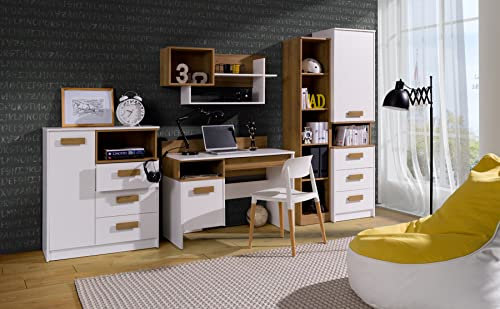 Marmex Kinderzimmer Set Grant 1, im Set: Schreibtisch G2, Geschlossener Büchregal G6, Schmales bücherregal G7, Wandregal G3, Kommode mit Schubladen G4 - weiß + Riviera Eiche