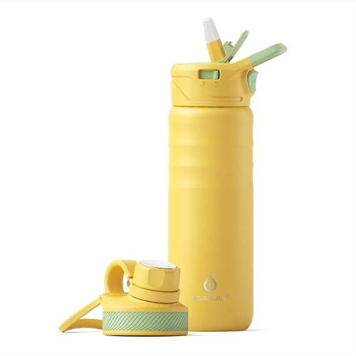 IDEUS Insulated Stainless Steel Water Bottle with 2 Leak-Proof Lids, Thermal Water Flask for Hiking Biking, 24oz, Bright Yellow