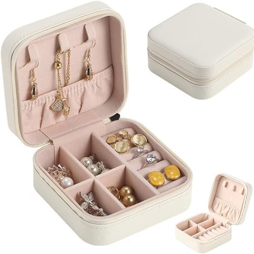Schmuckkästchen Damen Klein - Reise Schmuckkoffer, Klein Schmuckkoffer, PU-Leder Klein Schmuckbox Kosmetikkoffer, Ringbox Reise Schmuck Aufbewahrungsbox für Ringe Ohrringe, Halskette (Weiß)