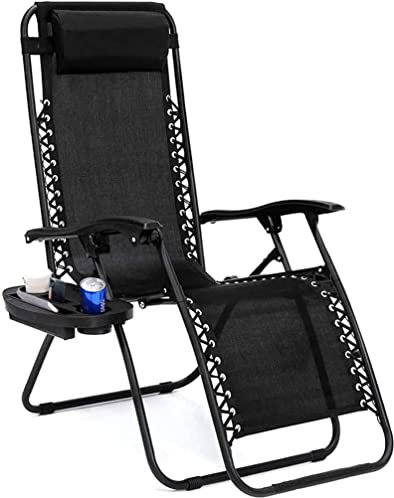MAECENA Zero Gravity Chair Patio Folding Lawn Lounge Chairs Outdoor Gravity Chair Camp Reclining Lounge Chair with Cup Holder Pillows for Poolside Backyard and Beach - Set of 1 - Black