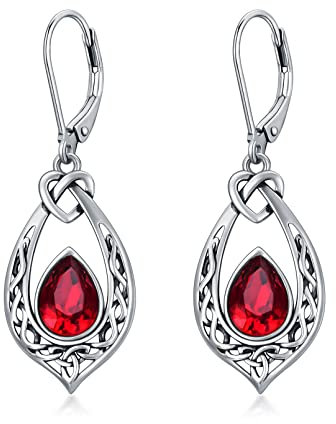 Keltischer Knoten Rubin Rot Ohrringe 925 Sterling Silber Irischen Leverback Ohrhänger mit Geburtsstein