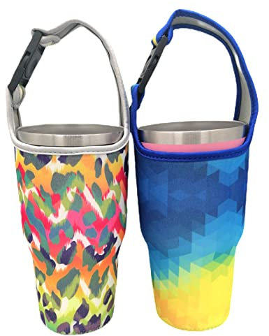 2 Pack Tumbler Carrier Holder Pouch for All 20-30oz Stainless Steel Travel Insulated Coffee Mug, Suitable for Yeti Ozark Stanley Trail Beast Rtic, Neoprene Sleeve with Carrying Handle Reusable (C）