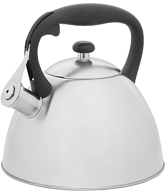 RESTO 90601 Flötenkessel, Pfeifkessel, Wasserkessel - Wasserkocher mit mehrschichtigem Kapselboden – Pfeifenkessel 3 Liter für alle Herdarten hellgrau, matt