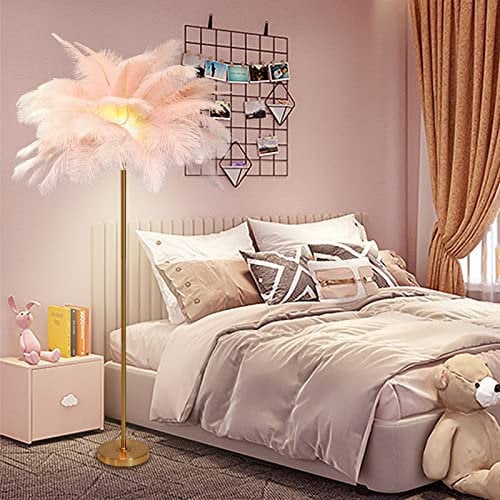 Lampadaire, lampe en plumes d'autruche rose, lampadaire finition dorée, palmier sur pied à intensité variable avec interrupteur au pied, lampadaire pour salle à manger/cuisine, décoration de chambre d