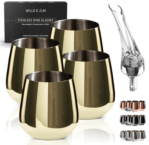 Wills & Elm Gold Stemless Stainless Steel Wine Glasses - Set of 4 with Aerator - Gold Goblet - Unbreakable - Outdoor - 18oz