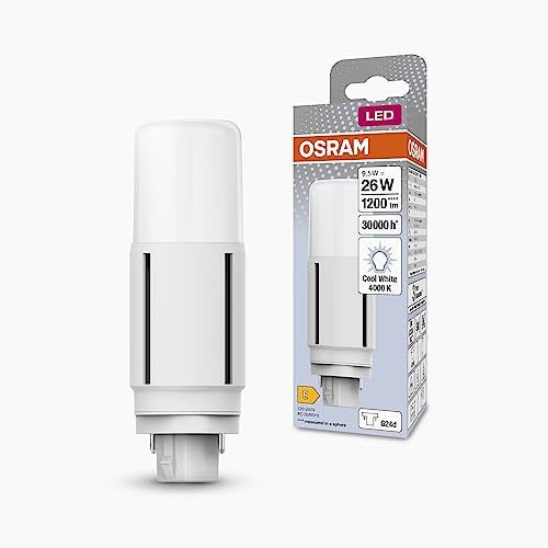 OSRAM DULUX LED D26 VT EM, G24D, 9.5W, 1200lm, 4000K, colore bianco freddo, adatta per applicazioni verticali grazie a un angolo del fascio di 300 gradi, durata lunga, luce immediata
