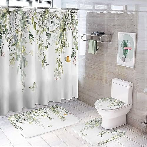 COALHO Aquarell-Eukalyptus-Duschvorhang-Set, wasserdicht, abstrakt, Vintage, Bauernhaus, grün, Eukalyptu Lealf mit wasserdichtem Toilettenbezug, Duschmatte, Teppiche, 183 x 183 cm
