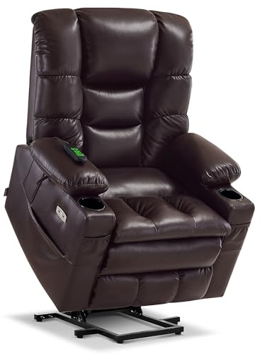MCombo 3 Motors Electric Riser Recliners Armchairs for Elderly, Lay Flat Sleep Recliners with Massage, Lumbar & Seat Heating, Adjustable Headrest, Faux Leather 7634 (Dark Brown, Large)