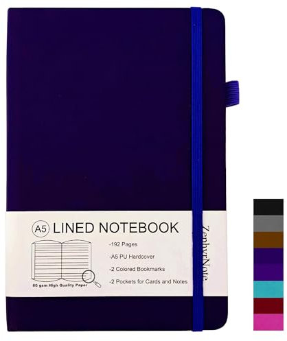 ZephyrNote Notizbuch A5 Liniert Hardcover,Premium 80 GSM Papier,Journal Buch mit 192 Seiten, Innentasche, Stiftschlaufe, elastischer Riemen, Kunstlederbezug, 14.5 x 21.3 cm (Lila)