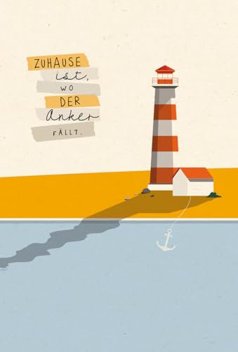 Postkarte Sprüche: Lebensweisheit Zuhause mit Anker und Leuchtturm auf nachhaltigem Zuckerrohrpapier