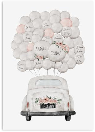 Gästeposter HOCHZEIT PERSONALISIERT mit Namen und Datum als Geschenk zur Hochzeit Gästebuch Hochzeit (LUFTBALLONS Auto, DIN A3)