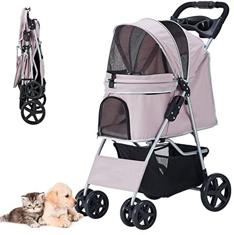 LPOTIUS Hundewagen Faltbarer Hundebuggy Hundebox Transporttasche bis 15 Kg Haustier Buggy mit Netzfenstern Haustier Transportwagen Hunde Jogger Buggy Katzen Wagen (Hell-Pink)