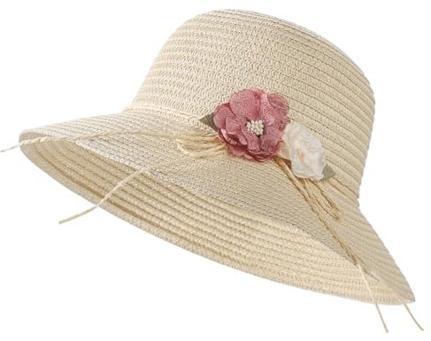 Haozaikeji Women's Khaki Beige Straw Sun Hat with Bag Set - UPF 50 - Wide Brim - Foldable - Summer Travel Accessory
