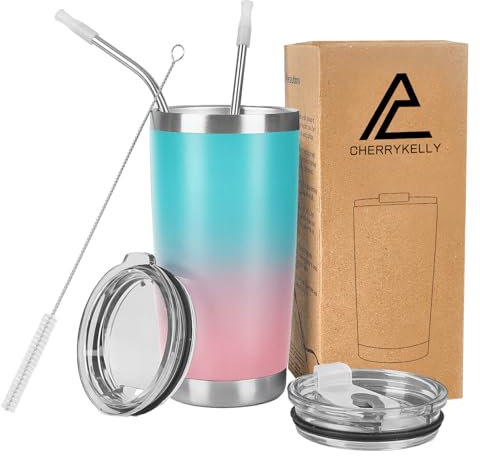 CherryKelly 20oz (550ml) Insulated Travel Tumbler Mug Stainless Steel Vacuum Coffee Cup with 2 Leak-Proof Lids & Straws, BPA-Free, Hot & Cold, Commute, Gym, Office - Turquoise&Pink
