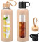 WINSA 24oz Glass Water Bottle With 2 Lids-Flip Straw Lid, Bamboo Lid, Glass Water Bottle With Silicone Sleeve, Motivational Time Marker, Glass Juice Bottle for Cold Drink,Amber