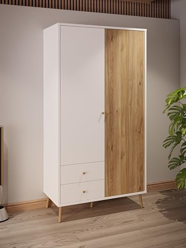 Forte Harllson, einfache Montage Dank EasyKlix Kleiderschrank Weiß mit Holzdekor: Mauvella Eiche, 2 Türen, 2 Schubladen, Einlegeböden, Kleiderstange, 105 cm breit x 202 cm hoch x 52 cm tief