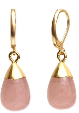 Gempires Rose Quartz Teardrop Dangle Earrings, Pink Crystal Gemstone Jewelry, Hypoallergenic 14k Yellow Gold Plated Leverback, Everyday Wear Earrings