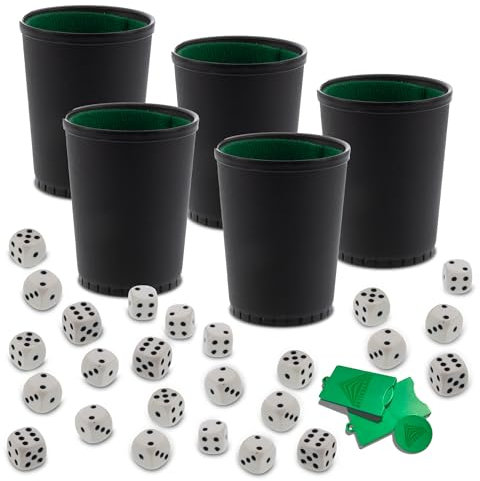 AKTIVHANDEL 5er Set Würfelbecher Leder, Becher mit Samt Innenseite für Würfelspiele mit je 5 Würfeln, inkl. Einkaufswagenchip