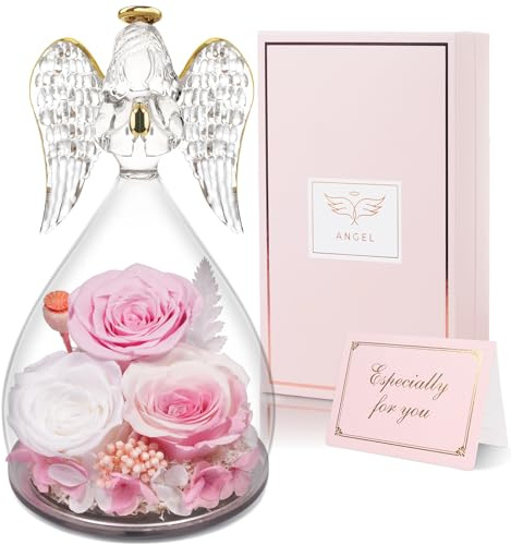 Yamonic Geschenke für Mama, Ewige Rose im Glas Engel Figur, Geschenke für Frauen Weihnachten,Ewige Blume in Engel Glaskuppel, Geburtstagsgeschenk für Frauen, Mutter Oma Geschenk,3 Infinity Rosen