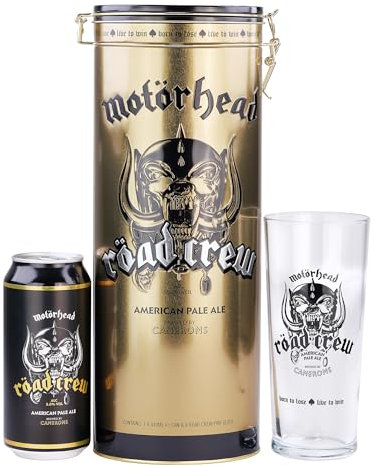 Motörhead Road Crew Premium Tin Gift Set. Includes 440ml Can and Branded Glass and Pale British Ale by iconic Heavy Metal band. Perfect for Christmas