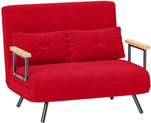 HOMCOM 2-Sitzer Schlafsofa mit 5 Stufen Verstellbarer Rückenlehne, Doppel-Klappsofa mit 2 Kissen für Wohnzimmer, aus gepolstertem Stoff, Stahl und Holz, 102x73x81 cm, Rot