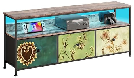 BHFFTHK Meuble TV LED,137cm Table TV,Meuble Tele LED Style Industriel avec 3 Tiroir en Tissu,Meuble TV en Bois et métal,Banc TV Meuble Bas Rangement Commode TV pour Salon Chambre,29,8x137x57 cm