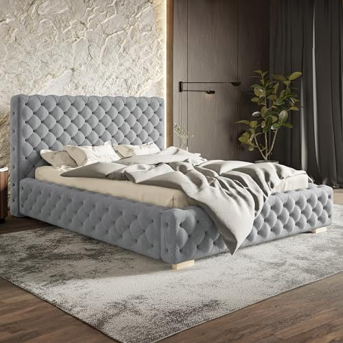 MOTIVENA Dianna Chesterfield Bett 180x200, Polsterbett 180x200, mit Bettkasten, mit Stauraum, mit Lattenrost, mit Kopfteil, Martatze H3, Bett Samt, Grau Hellgrau