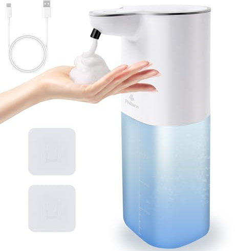 Philorn Seifenspender Automatisch zur Wandmontage, 400ml Elektrischer Schaumseifenspender mit Sensor ohne Bohren Soap Dispenser, 4 Stufen Verstellbar seifenschaumspender IPX5 für Bad Küche Weiß USB-C