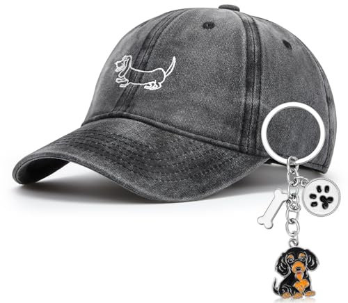 Hestya Geschenke für Dackelbesitzer Dackelgeschenke Dackel Schlüsselanhänger Baseballkappe mit Welpengrafik Liebes Welpen Schlüsselbund Vintage Baseball Hat Unisex Baseballkappe mit Stickerei(Schwarz)