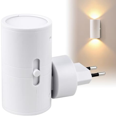 SKIKHN Luce Notturna da Presa, Luce Notturna Led, Luminosità Regolabile 0-100LM, Luces Bianca Calda, Illuminazione Superiore e Inferiore, Luces notturnas a LED per Cameretta, Corridoio Bianco