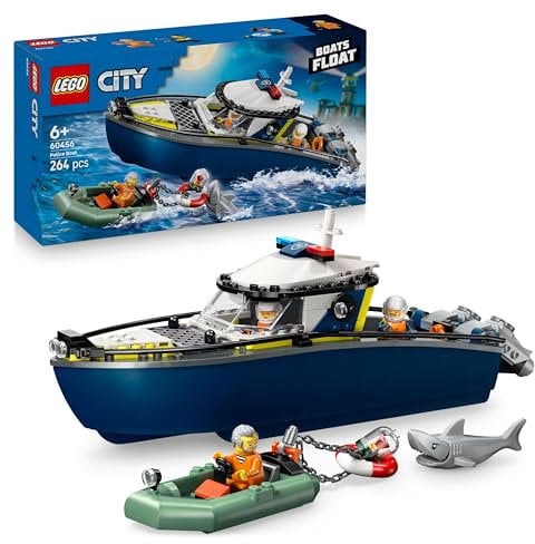 LEGO City Inseguimento del Motoscafo della Polizia – Include 2 Barche Giocattolo, 3 Minifigure e una Figura di Squalo – Regalo per Bambini e Bambine da 6 Anni in su – 60456
