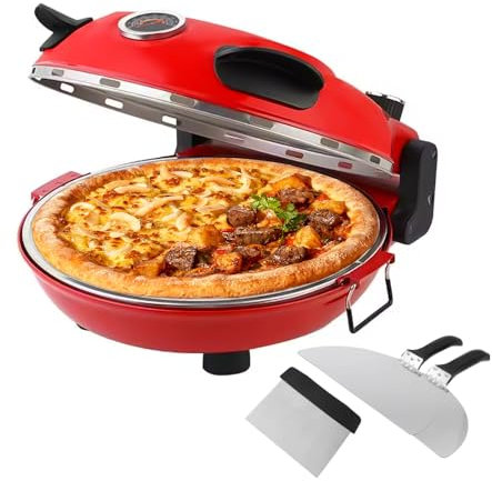 hzexun Forno Pizza1200 W,Termostato regolabile 420°C, Calore superiore e inferiore,Diametro 31 cm,2 pale in acciaio inox inclusi (Rosso)