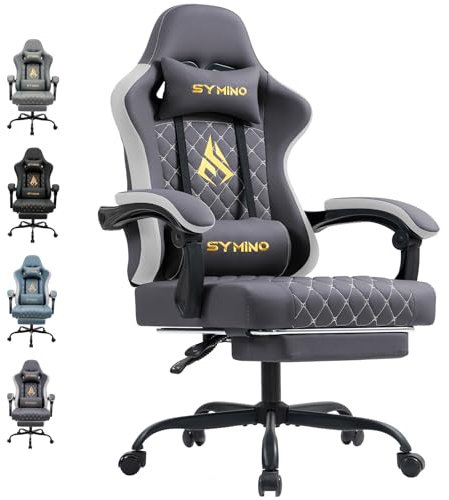 Symino Gaming Chair with Footrest, Computer Ergonomic Video Game Chairs, Adjustable Swivel Task Chair with Lumbar Support, PC Chair, PU Leather Office Chair, Grey&White