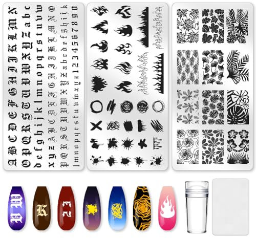 beinkmake 3Pcs Flame Nail Stamping Plate Letter Number Leaves Nail Stamp Templates Nail Art Stamp Plates Image Plate Stainless Steel DIY Reusable Tools with Stamper Scraper for Manicure Printing