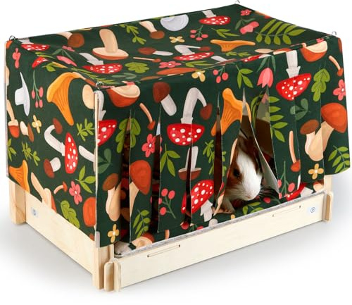 Hedgeink Maison en Bois pour Cochon d’Inde avec Rideau, Lit pour Petit Animal avec Tapis Imperméable et Lavable, Maison pour Lapin, Hamster, Hérisson, Chinchilla Accessoire Douillet et Décoratif