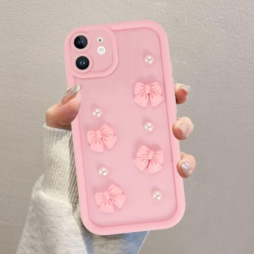 Kueqeay Coques pour iPhone 11 6,1'', Étui Rose Souple Silicone Aesthetic Perles Noeud Papillon Modèle 3D Dessin Durable Housse de Antichoc Camera Protection Cover Filles, 08