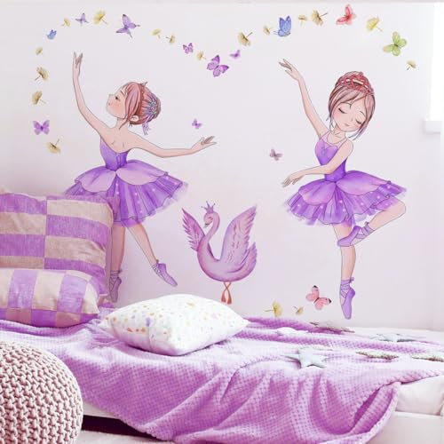 WandSticker4U®- Wandtattoo Kinderzimmer Mädchen BALLERINA lila (119x73 cm) I Wandsticker Ballerina Ballett Tänzerin Schwan Schmetterlinge I Wandaufkleber Kinderzimmer Deko Mädchen Babyzimmer groß