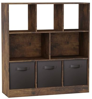 URBNLIVING Rustic Brown 8-Cube Asymmetrical Bookcase with 3 Drawer Inserts – Wood Storage Unit and Shelving Organizer- Black
