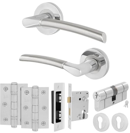 EAI Polished Chrome Door Handle Euro Lock Double Cylinder Kit - Bova | Complete Kit with 1 Pair of Door Handles, 78mm Euro Lock, Double Cylinder, 76mm Hinges and 2 Escutcheons, Fixings Included