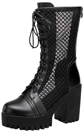 TNMIUH Stivali Donna Retro con Plateau, Mesh Traforato, Tacco Alto 10 cm, Stivaletti Lacci Estate, Nero,Nero,41 EU