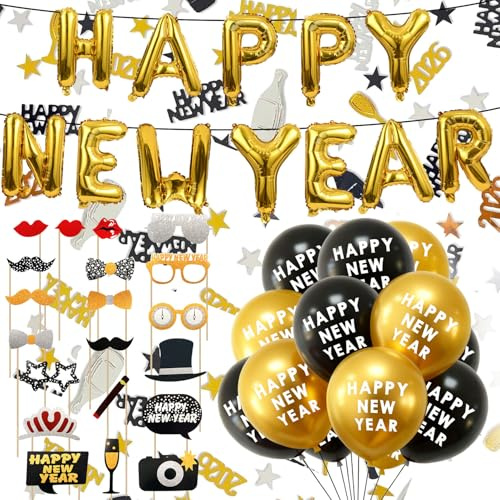 YeahBoom Silvester Deko 2026 Set,Happy New Year Girlande,Schwarz Gold Neujahr Deko 2026,Schwarz Gold Konfetti Ballons,Silvester Dekoration Set,Neujahrsdeko Silvesterpartydeko Accessoire