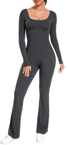 Ecupper Jumpsuits Damen Yoga Bodycon Einteiler Zip Up Overall U-Ausschnitt Rompers Langärmelig Schlaghosen Workout Outfit Grau M