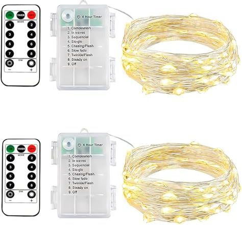 taiyongkang 2er Pack Draht Lichterkette Innen Batterie mit Timer & Fernbedienung - 5.5m 50LED Warmweiß - Kleine Lichterkette für Schlafzimmer, Weihnachten, Hochzeit - Auch Outdoor Nutzbar