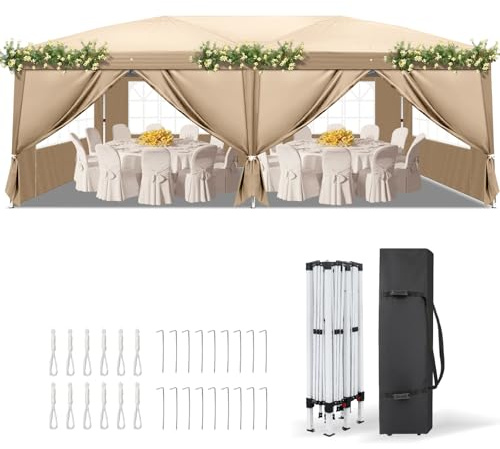 LEADZM Pavillon 3x6m Garten Faltpavillon mit 6 Seitenteilen,Khaki | Wasserdicht ,Winterfest,Höhenverstellbar,UV Schutz 50+,Gartenzelt,Partyzelt,Stahlrahmen,für Garten,Party,Camping