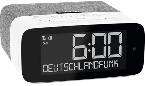 TechniSat DIGITRADIO 52 ASA – DAB+ Radiowecker mit Automatic Safety Alert | ASA, UKW, Wecker, vier Wecktimer, dimmbares LC Display mit Lichtsensor, Bluetooth Audiostreaming, 3 Watt, Grau/Weiß