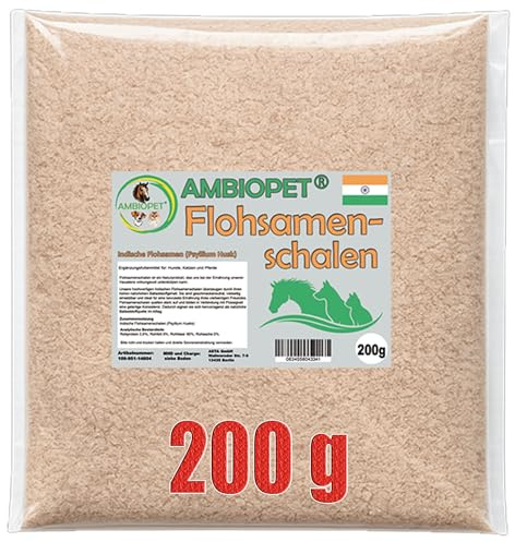 Ambiopet Flohsamenschalen (Psyllium Husks) gemahlen im 200g Beutel, eine natürliche, geschmacksneutrale Ballaststoffquelle für den täglichen Bedarf von Hund, Katze und Pferd