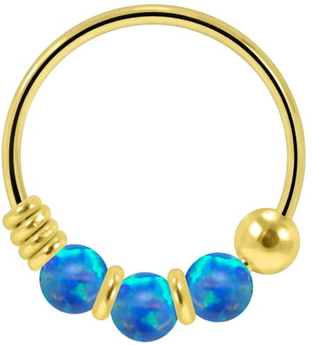 Monster Piercing Goldenes Nasenpiercing Nasenring Septum 9K Gold 22 Gauge mit 3 Opal Perlen Blau Biegbar Durchmesser: 8mm Ringstärke: 22G (0,6 mm) Nase Piercing Hypoallergen